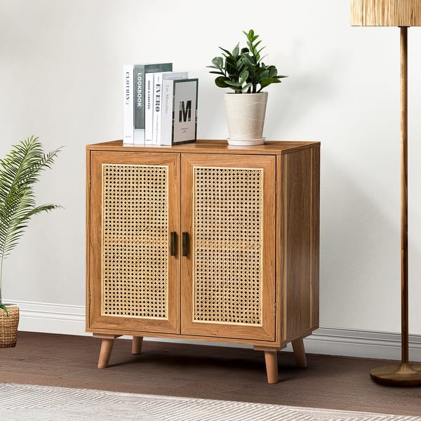 slide 2 of 30, Woodland Multifunctional Rattan-Accented 2-Door Storage Stackable Buffet Cabinet with Solid and Wood Frame by HULALA HOME