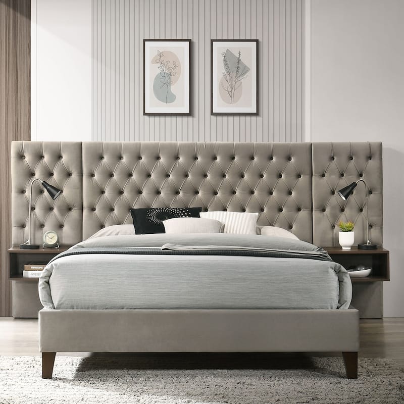 Upholstered Wall Panel Bed with 2 Floating Nightstands in Light Brown