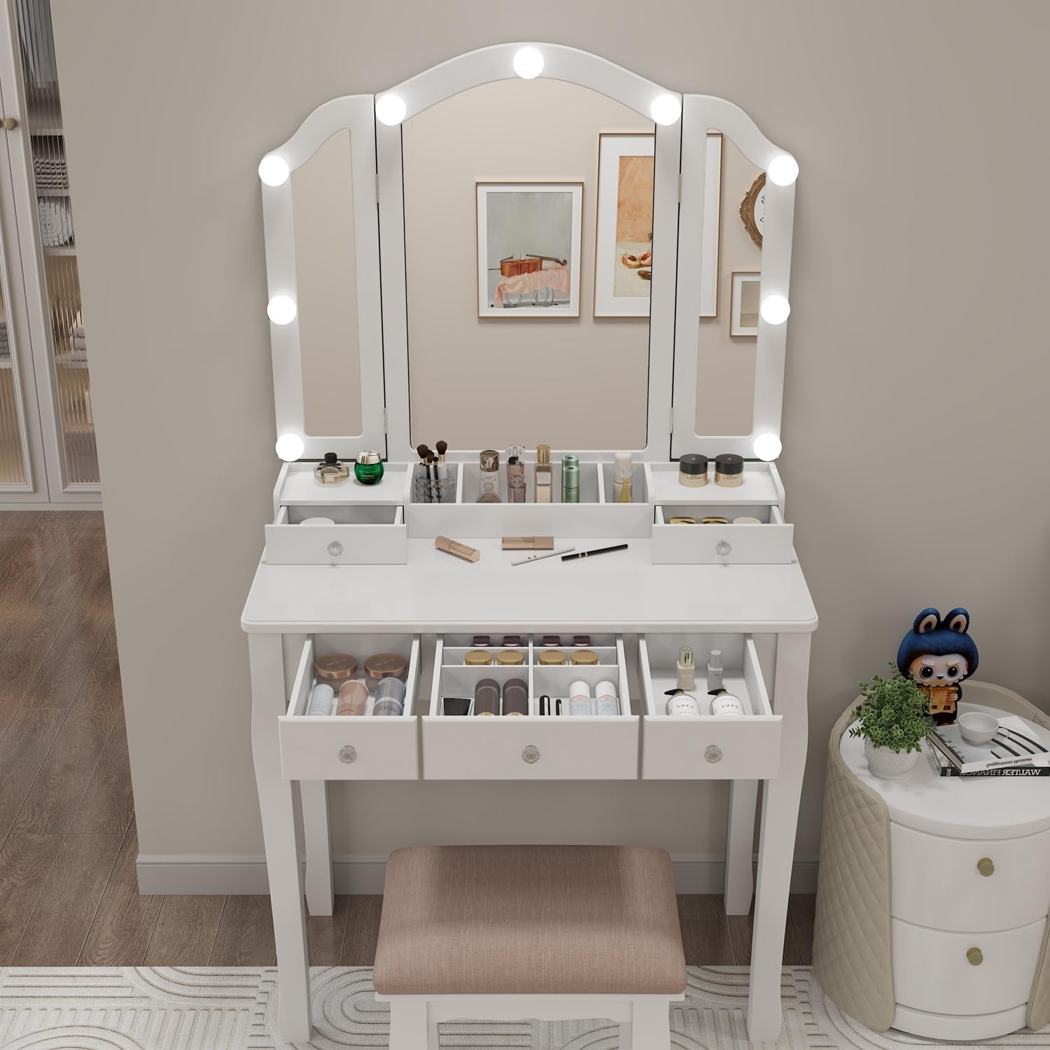 Adjustable Lighting Vanity Desk with Mirror, Chair, and Drawers for Makeup Organization
