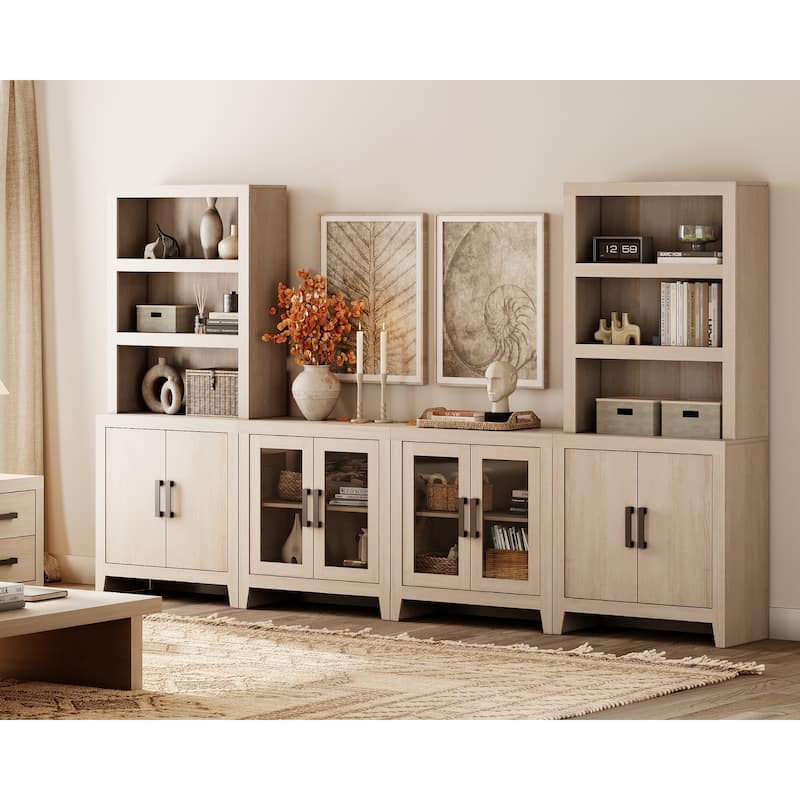 WAMPAT Large Entertainment Center with Bookshelves, Farmhouse TV Stand with Storage Cabinets & Glass Doors