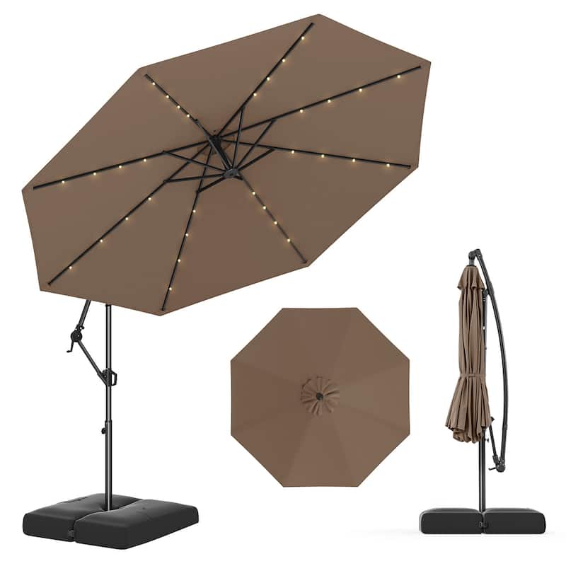 Gymax 10 FT Solar Offset Hanging Umbrella Patio Cantilever Umbrella w/ - Brown