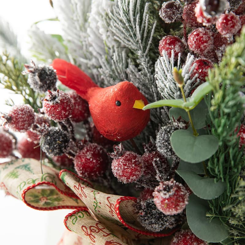 Glitzhome 21"H Christmas Pine Needle & Berry Ribbon Centerpiece Table Tree Decor