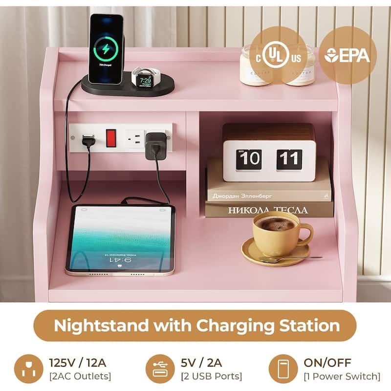 Nightstand with Drawers Charging Station End Side Table with Hutch