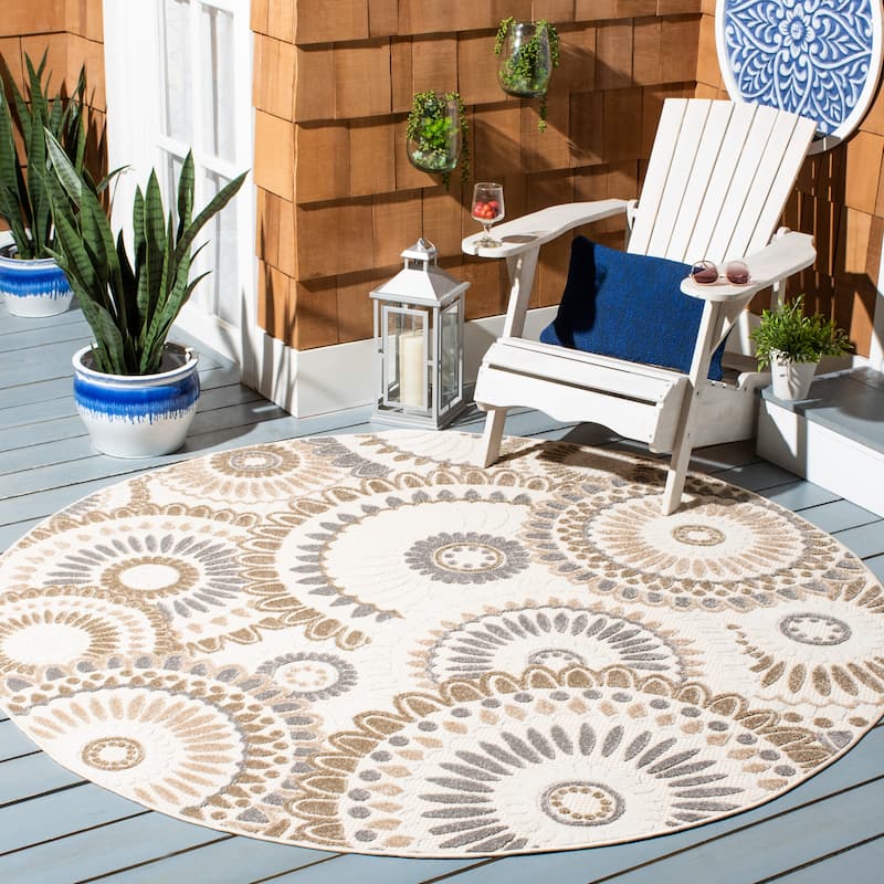 SAFAVIEH Cabana Marii Indoor/ Outdoor Waterproof Patio Floral Rug - 6'7" Round - Grey/Ivory