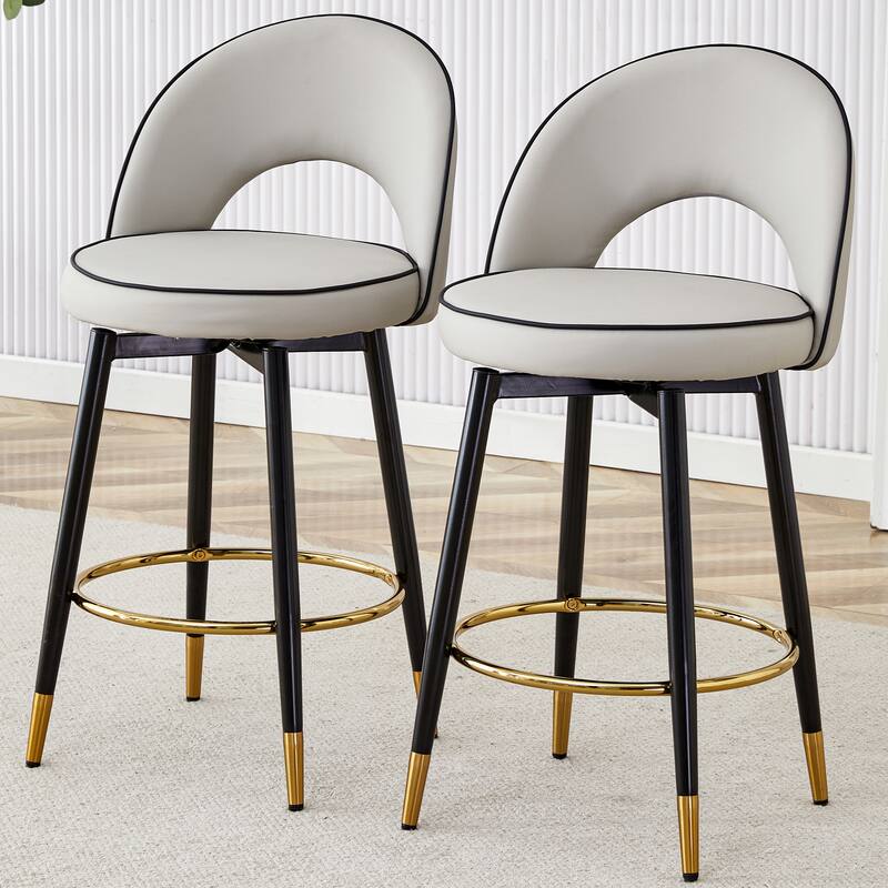 Roomfitters Swivel PU Bar Chairs with Upholstered Seat and Black Metal Legs, Modern Adjustable Set of 2 for Kitchen - Gray