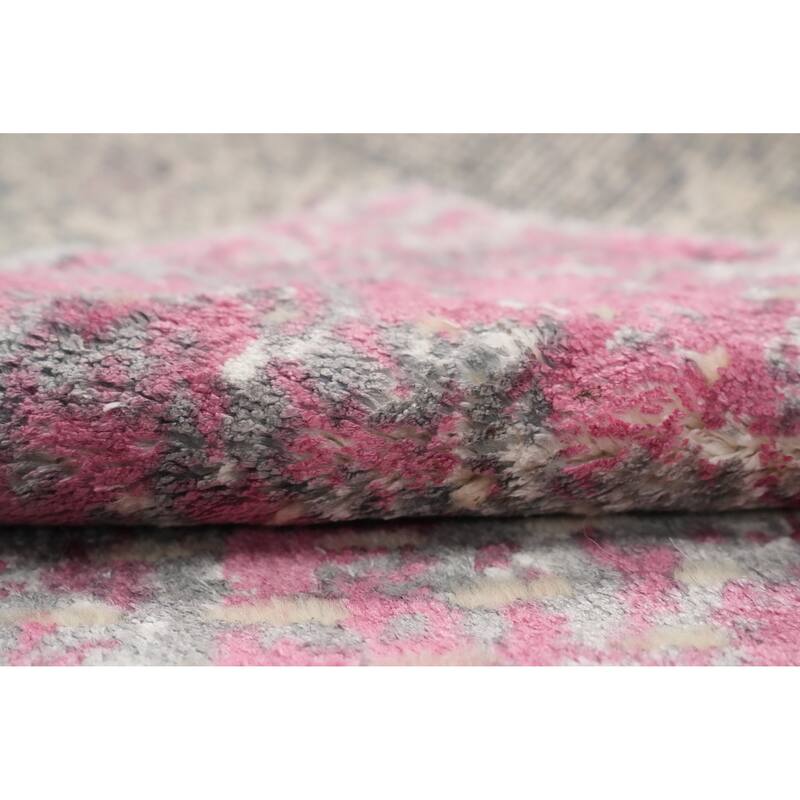 Hand Knotted Oriental Viscose Silk Carpet Modern All-Over Pink Abstract Area Rug - 3' 0'' X 2' 0''