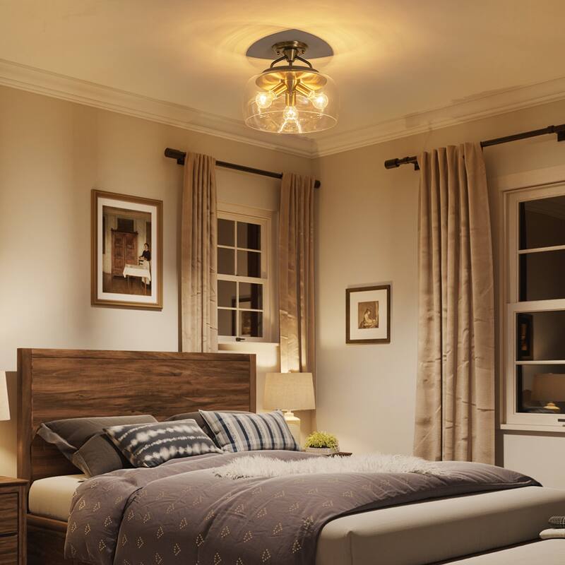 13" W 3-Light Modern Industrial Black Metal Semi-flush Mount Ceiling Light with Clear Dome Glass