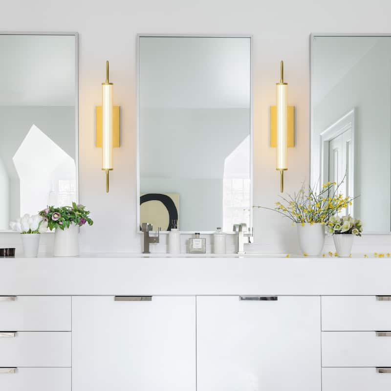 Modern Gold LED Wall Sconce with Cylinder Acrylic Shade Bathroom - W-23.85 in.