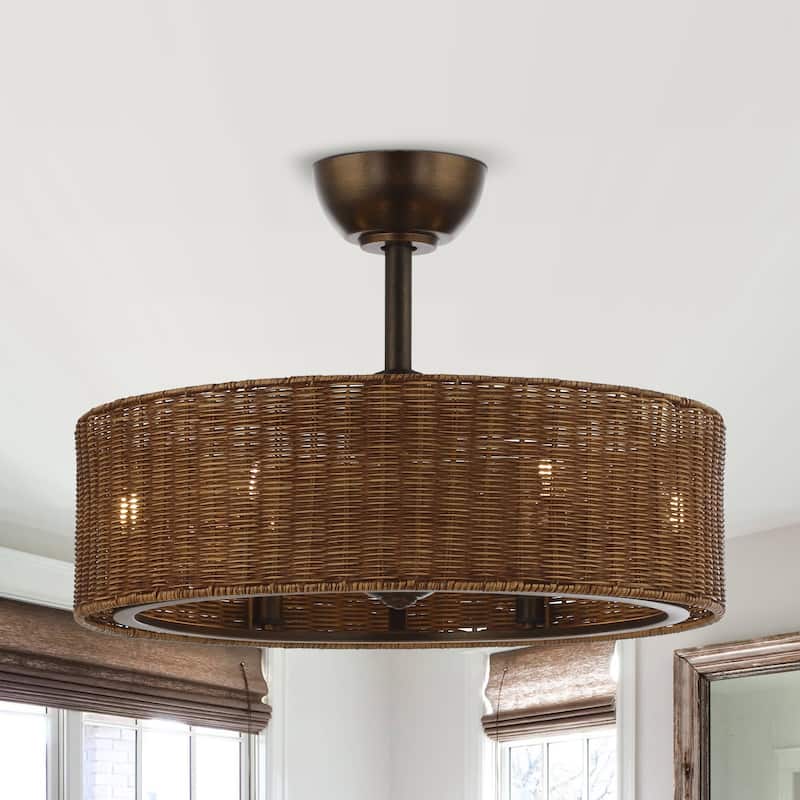 24" Rustic Rattan 6-Speed Caged Ceiling Fan Chandelier with Remote