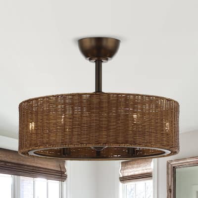 24" Rustic 3-Blade Rattan Cage Ceiling Fan Chandelier with Remote