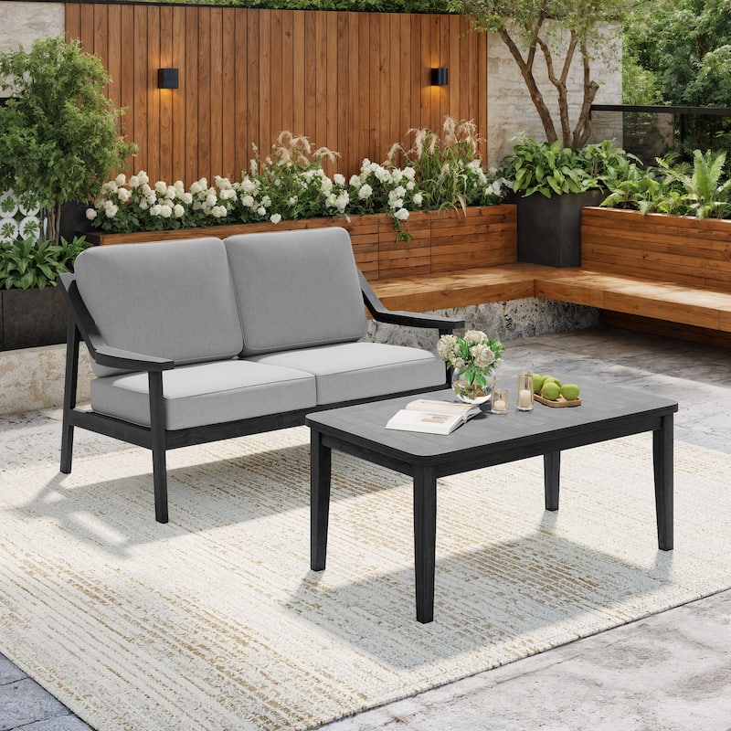 Outdoor Patio Wood Bistro Set/Loveseat Set - Black/Grey - 2-piece
