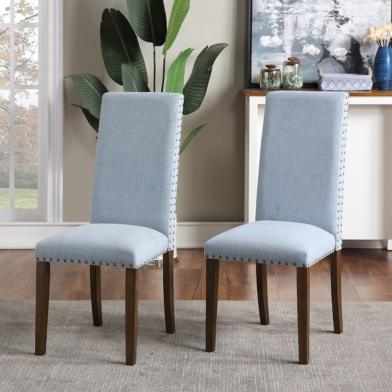 Upholstered Dining Chairs - Dining Chairs Set of 2 Fabric Dining Chairs with Copper Nails and Solid Wood Legs - Blue