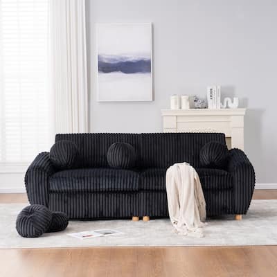 Corduroy Upholstered Loveseat Sofa, Fluffy Cloud Sectional Sofa with Armrest, Deep Seat Couch Settee with 5 Throw Pillows