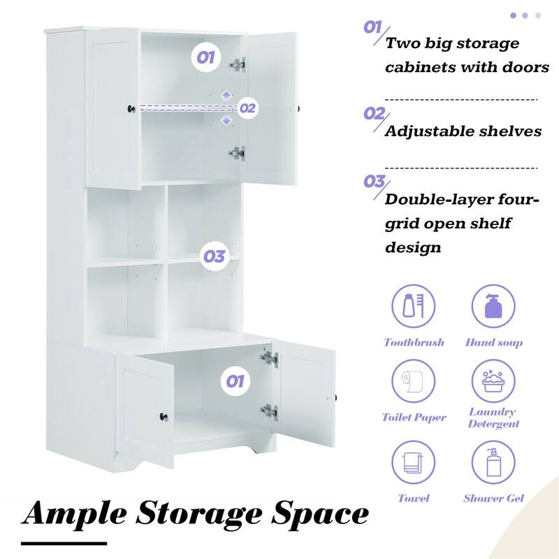 Tall Bathroom Storage Cabinet with 4 Doors, Freestanding Bathroom Storage Unit Floor Cabinet w/Adjustable Shelves & Open Storage