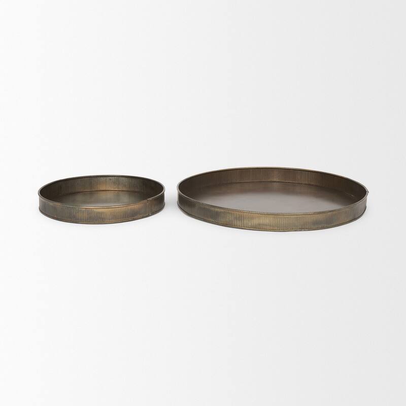 Varun Round Antiqued Brass Metal Tray (Set of 2) - 18.5L x 18.5W x 1.8H