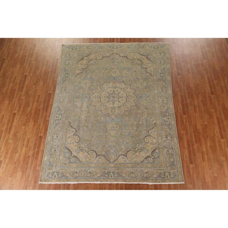Hand Knotted Oriental 100% Wool Carpet Traditional Medallion Greys & Charcoal Tabriz Area Rug - 10' 11'' X 8' 5''