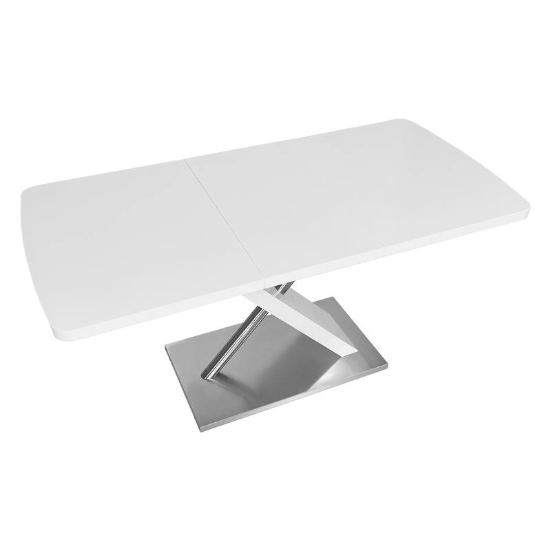 Modern Square Dining Table, Stretchable, with X-Shape Table Leg with Metal Base