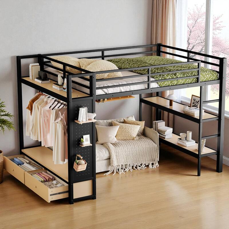 Full/Queen Size Metal Loft Bed with Wardrobe, Shelves & Pegboard, Space-Saving Bed Frame with Storage & Guardrails