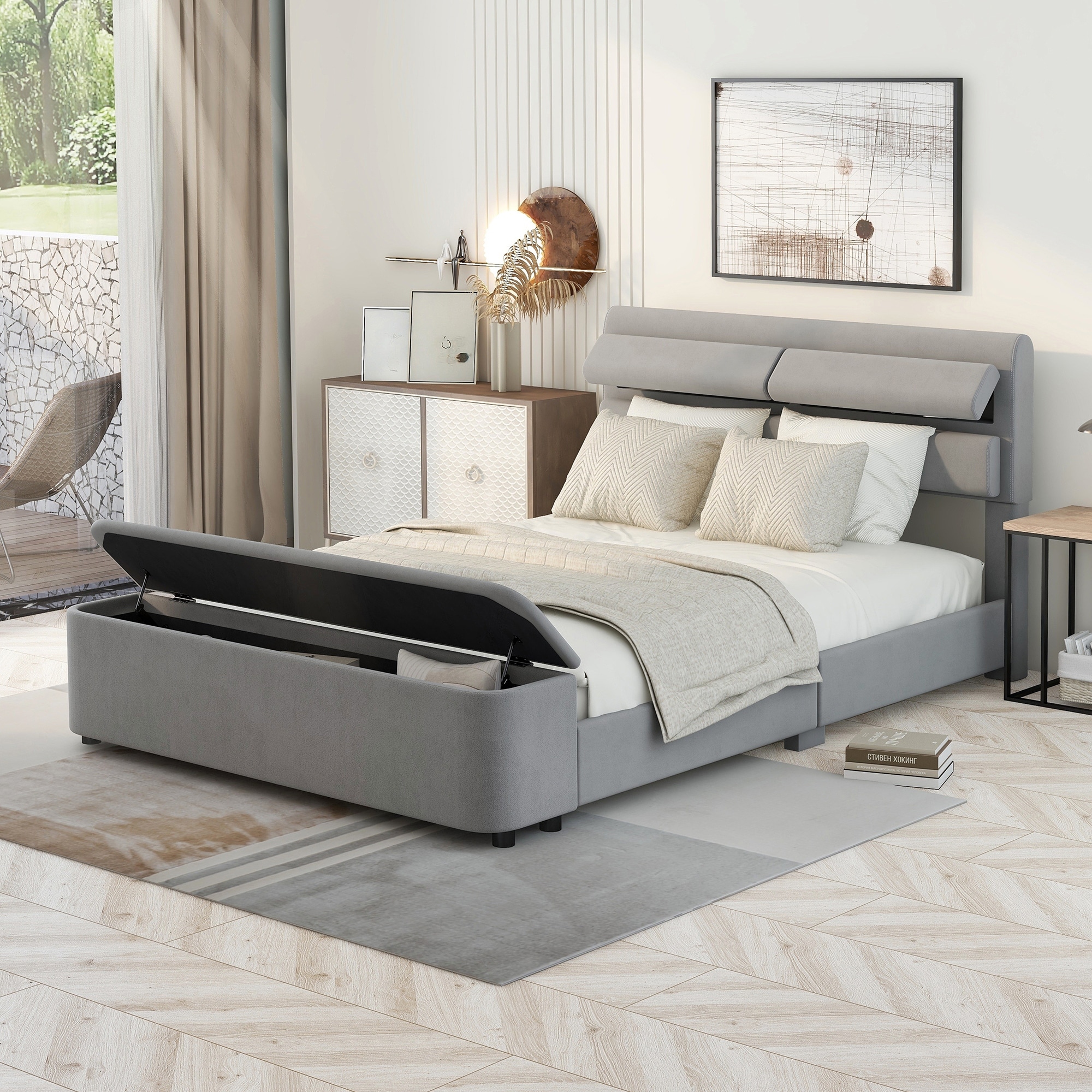 Grey Velvet Upholstered Platform Bed with Adjustable Headrest Headboard and Storage Footboard