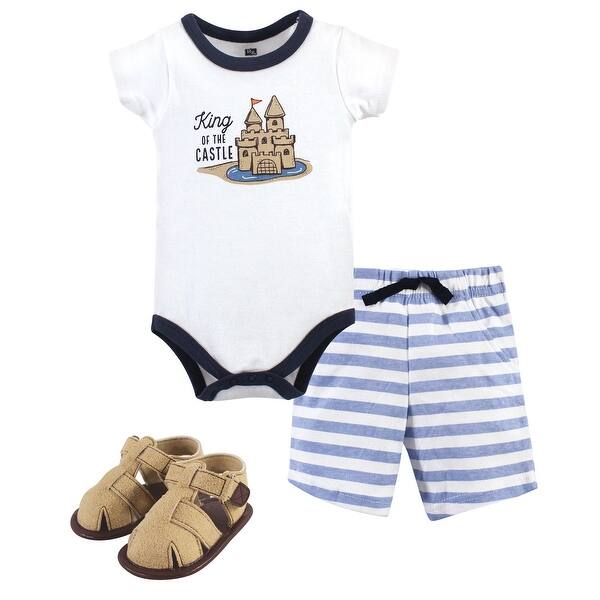 slide 1 of 1, Hudson Baby Infant Boy Cotton Bodysuit, Shorts and Shoe 3pc Set, Sandcastle 0-3 Months - Sandcastle