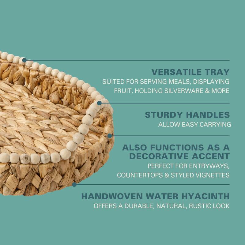 Gibson Home 17-Inch Woven Decorative Serving Tray - Large Natural Water Hyacinth Basket with Wood-Bead Trim and Handles