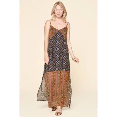 Navy-Mustard Polyester Mixed Printed Chiffon Maxi Slip Dress