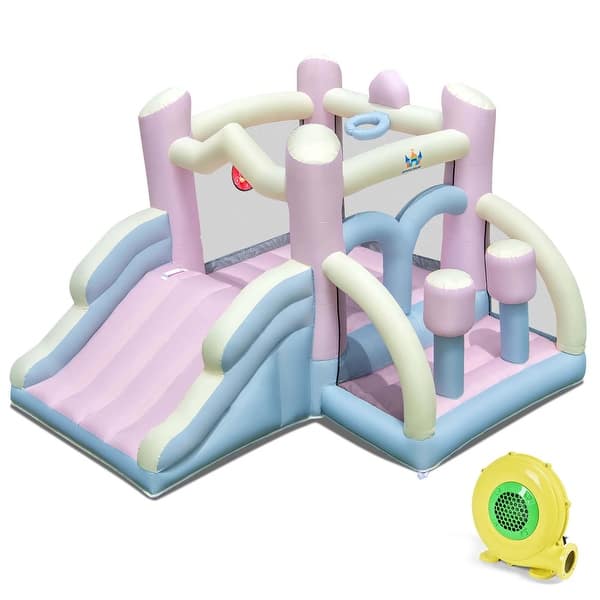 slide 2 of 11, Costway Macron Pastel Bounce House with Slide Basketball Hoop Boxing 480W Blower Included