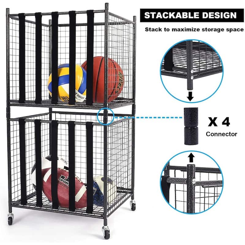 Rolling Sports Ball Storage Cart,2 Pack,Black - 19.7"L x 18.9"W x 42.5"H