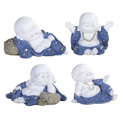 Q-Max 4-Piece Blue and White Miniature Maitreya Buddha in Different Poses 4.5"H Feng Shui Statue Decoration Figurine Set