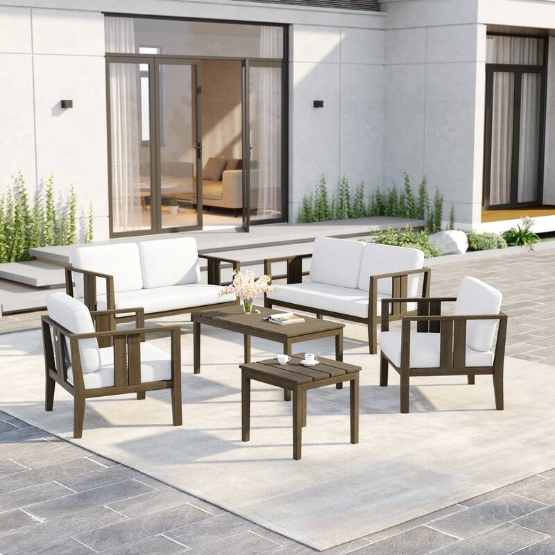 6-Piece Outdoor Furniture Solid Teak Patio Conversation Set with Table