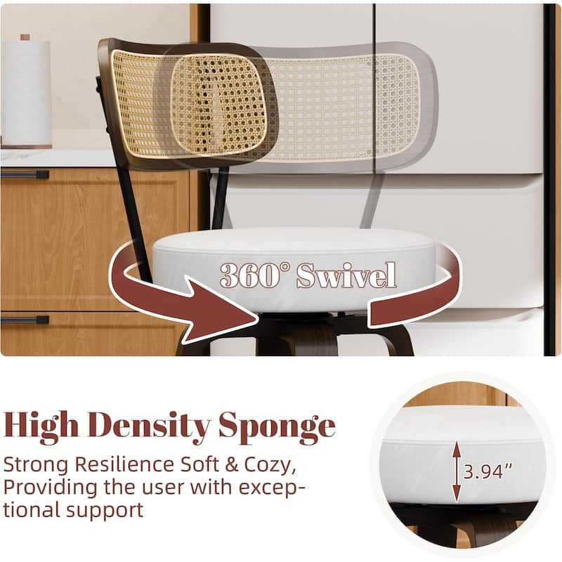 XINMICS 26 Inches Swivel Counter Height Bar Stools with PE Rattan Back, Faux Leather Upholstered Bar Chairs, Set of 2/3/4