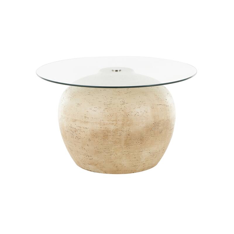 Beige Resin Wide Living Room Coffee Table with Glass Tabletop