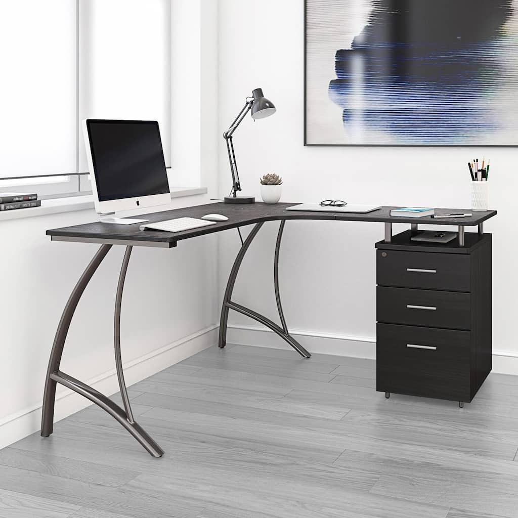 Modern L Shaped Desk with File Cabinet - Computer Workstation, 59" Curved Boomerang Design, Home Office Desk