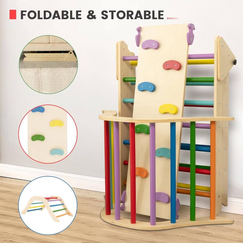 7 in 1 Pikler Triangle Gym, Montessori Foldable Wooden Climber with Ramp
