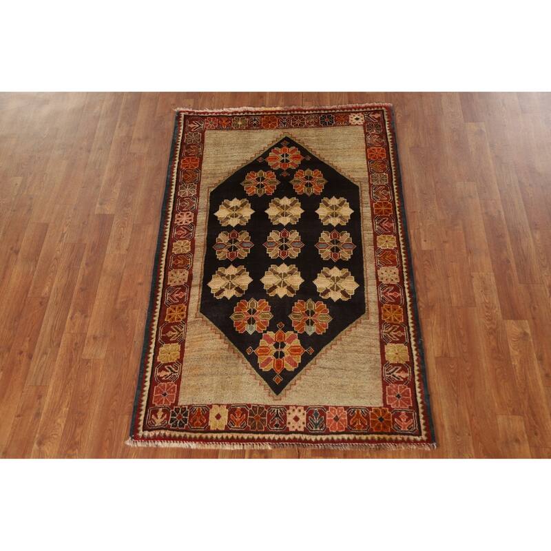 Geometric Black Shiraz Persian Vintage Area Rug Handmade Wool Carpet - 3'2"x 5'2"