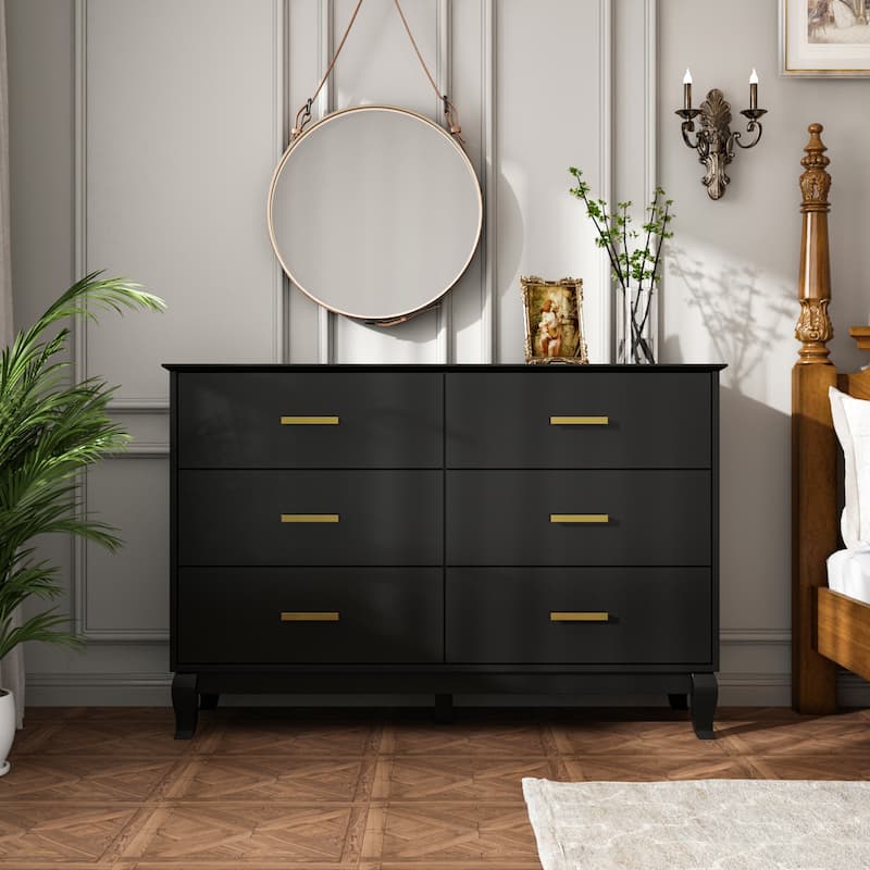6 Drawer 47.2'' W Double Dresser Black/White Lacquer Chest Storage