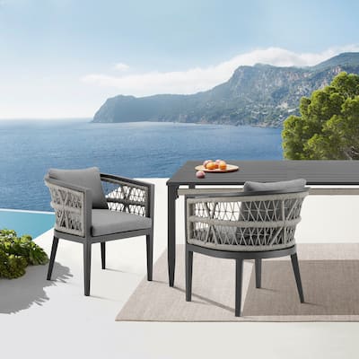 Zella Outdoor Patio Dining Chair in Aluminum with Light Gray Rope and Earl Gray Cushions - Set of 2