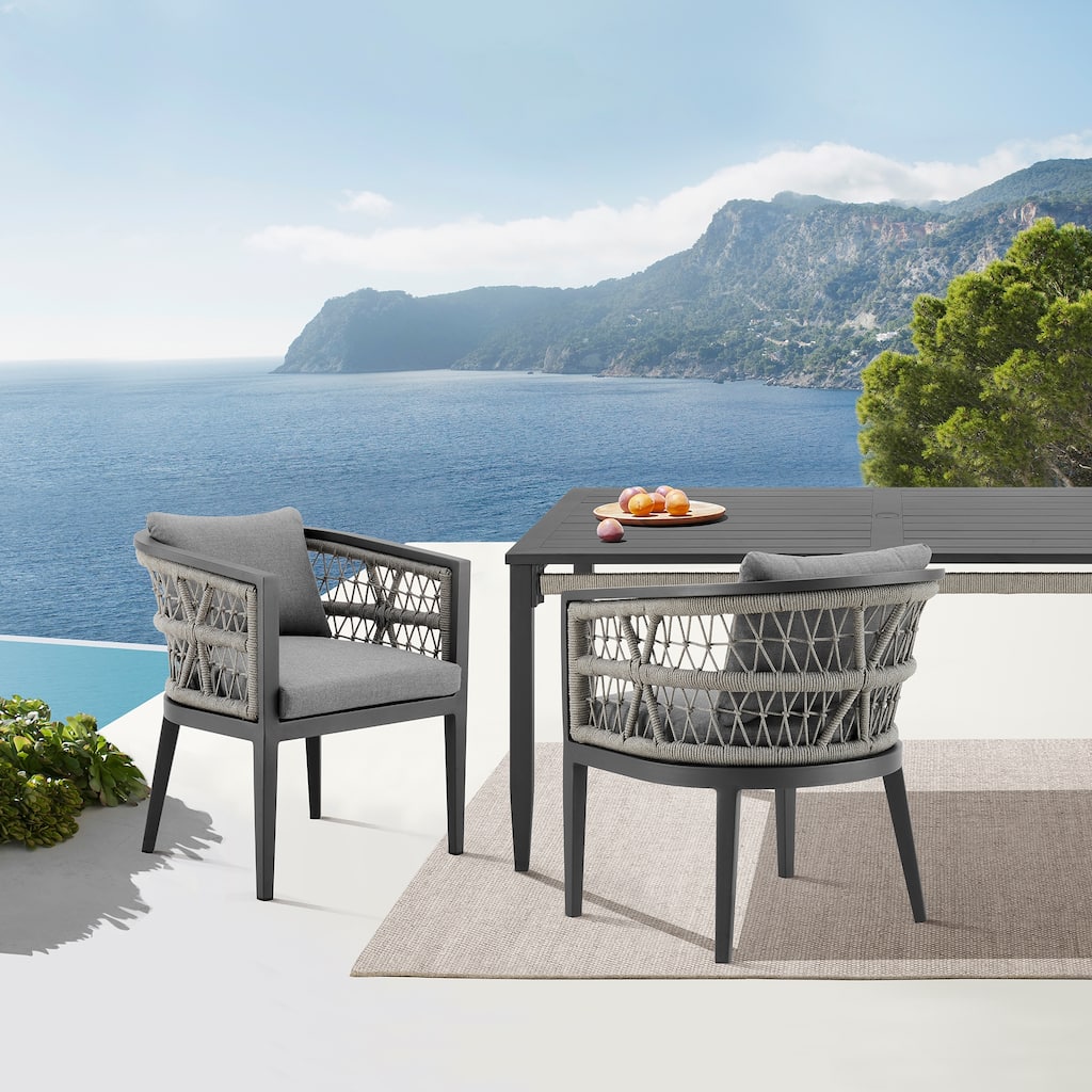 Zella Outdoor Patio Dining Chair in Aluminum with Light Gray Rope and Earl Gray Cushions - Set of 2