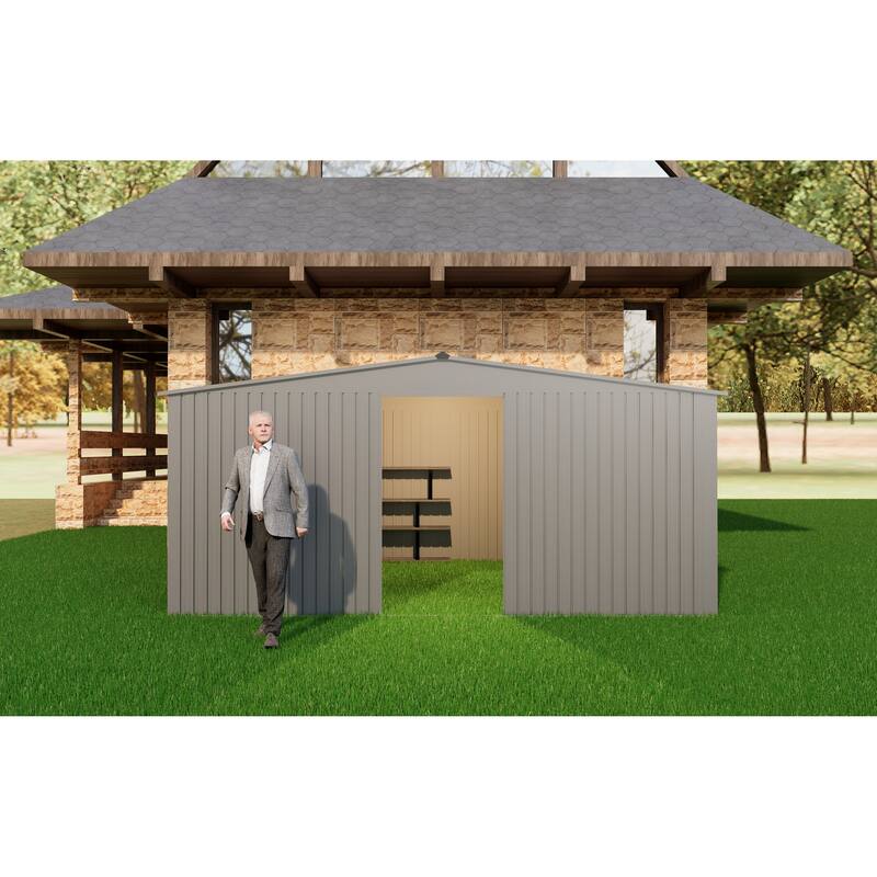 Grey Metal Apex Roof Shed with Ventilation and Dual Storage Design - 153.1” W x 80.3” H x 129.4” D