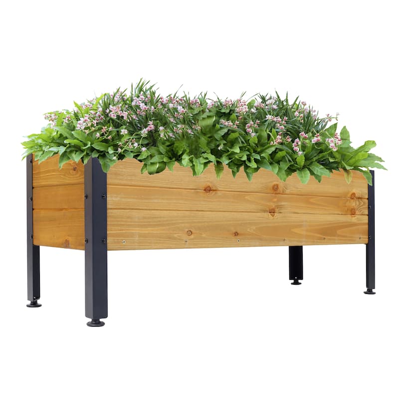 Anmytek Elevated Wooden Planter Box with Metal Legs, Weather Resistant Natural Wood, Adjustable Feet,Raised Garden Bed for Patio