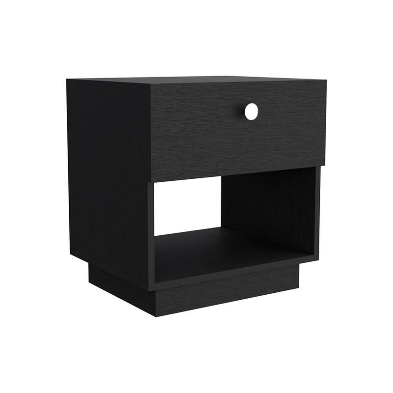 Black Nightstand with Drawer and Large Open Shelf, 19"H, Ideal for Bedroom or Living Room