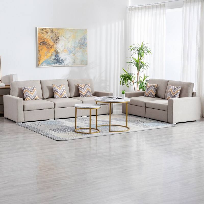 Beige Linen Sofa and Loveseat Living Room Set with Pillows and Interchangeable Legs - Multi-Color