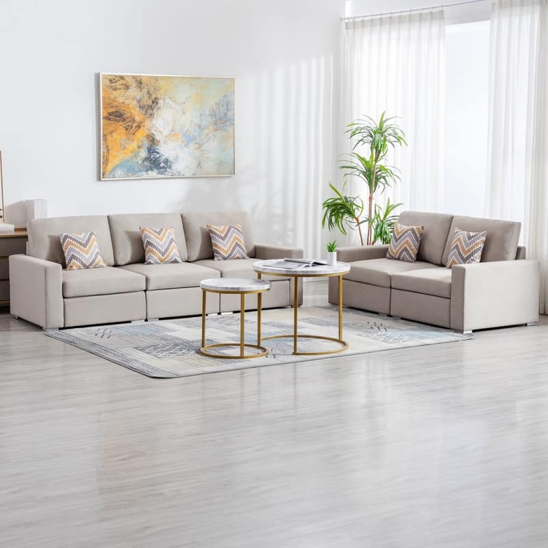 Beige Linen Sofa and Loveseat Living Room Set with Pillows and Interchangeable Legs