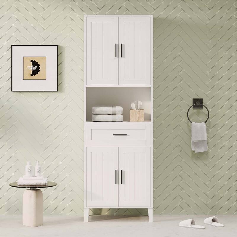 Freestanding Tall Cabinet with Drawer,2 Cabinets,4 Soft-Close Doors,and Adjustable Shelves for Versatile Storage