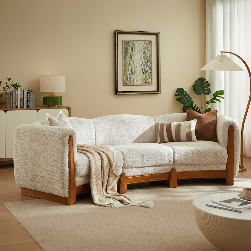 Christopher Knight Home - Curved 3-Seater 106.5" Upholstered Sofa with Solid Wood Frame - Sesame + Natural