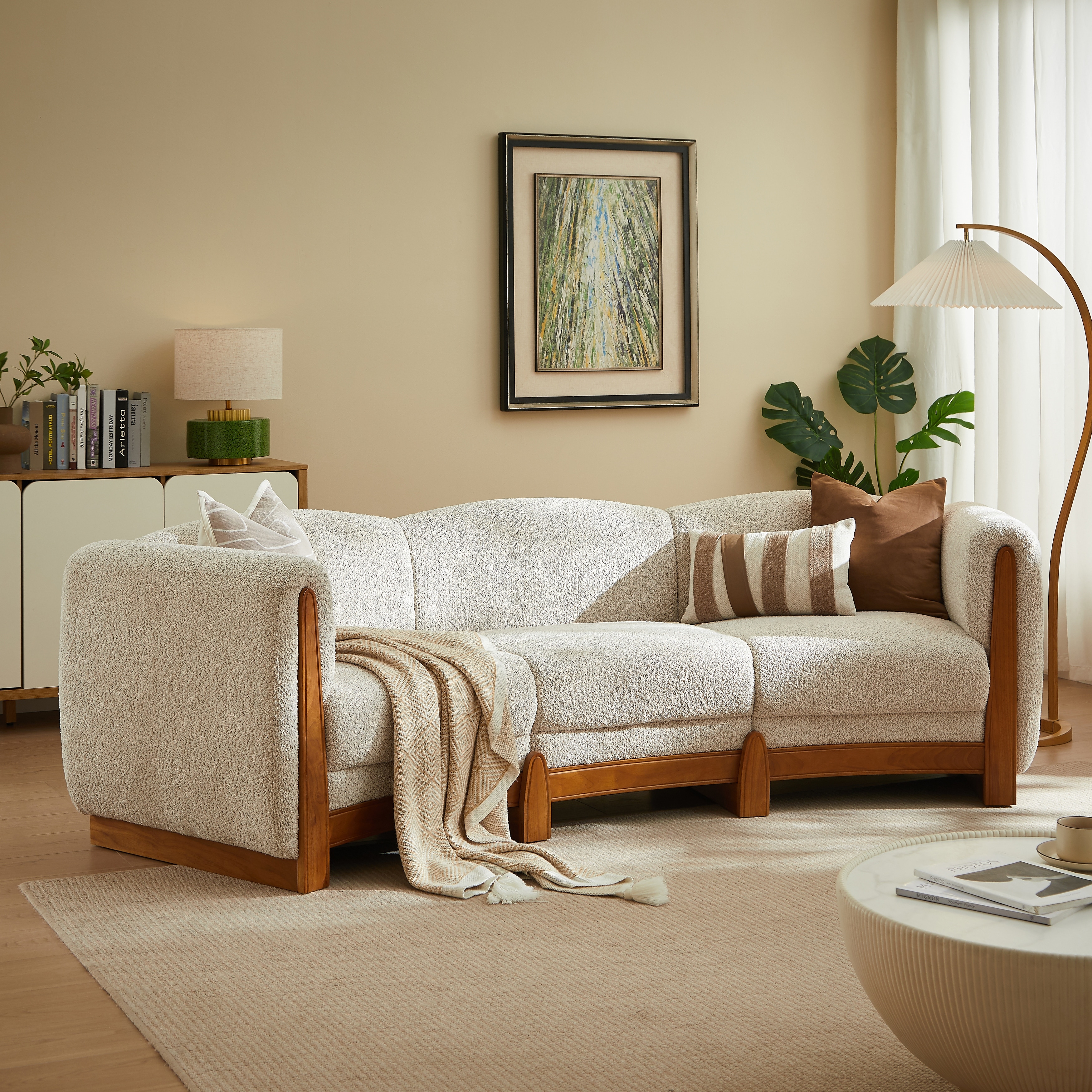 Christopher Knight Home - Curved 3-Seater 106.5" Upholstered Sofa with Solid Wood Frame