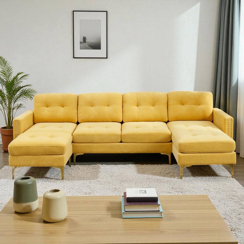 110.6" L-Shaped Convertible Velvet Sectional Sofa with Movable Ottoman and Storage Pockets for Living Room - Yellow