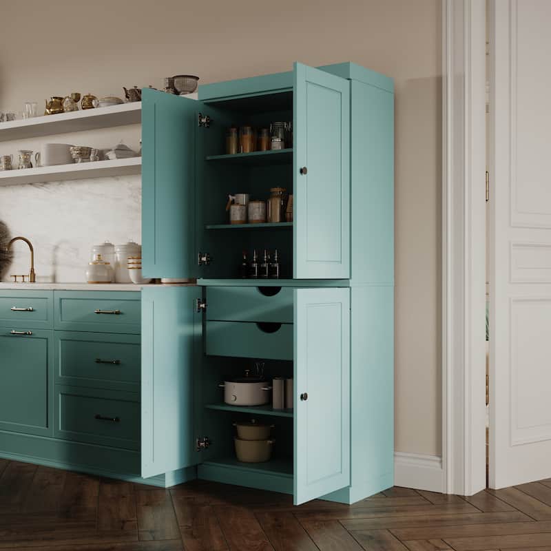Solid Wood Tall Freestanding Kitchen Pantry Cabinet with Doors & 2 Drawers, Adjustable Shelves, Modular Storage, 32" W x 71.5" H - Aqua Blue
