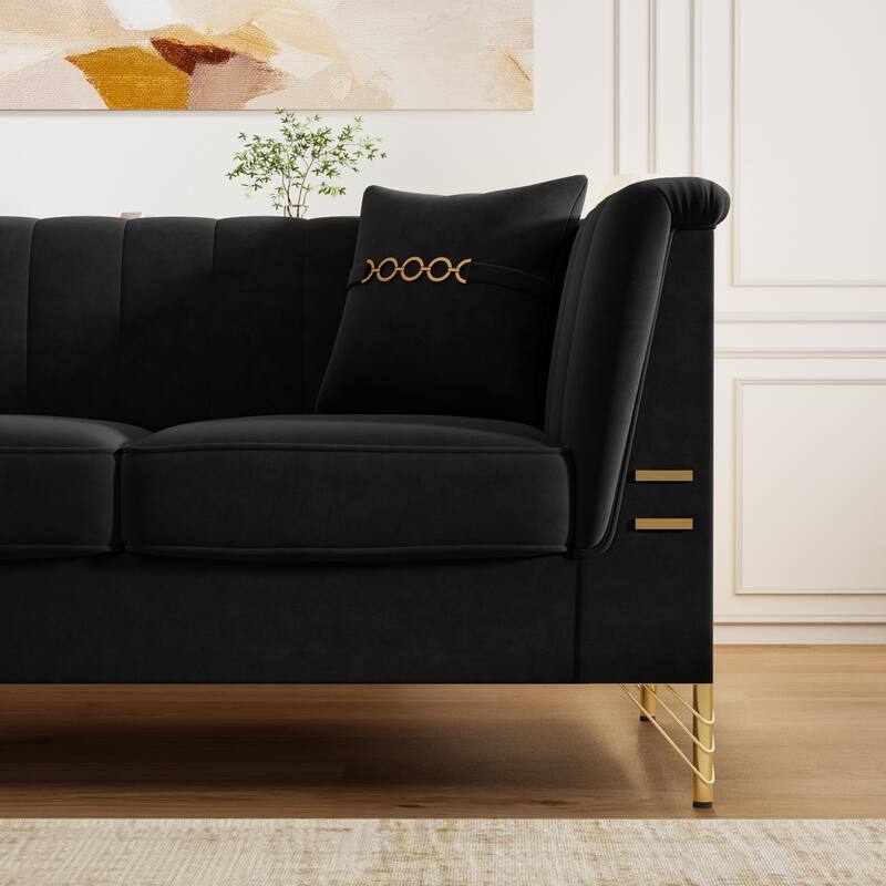 82.67" Modern Velvet 3-Seater Sofa, Vertical Channel Tufted Backrest, Gold Metal Legs, Chesterfield Style