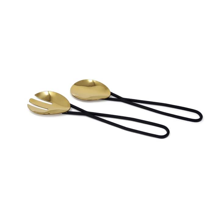 Gold Salad Servers with Black Loop Handles S/2